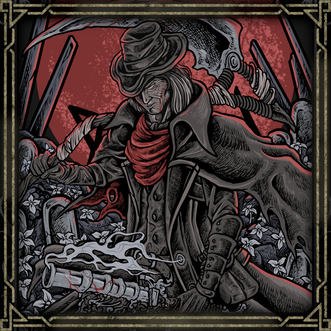 Artwork of Bloodborne Gehrman the First Hunter. Gehrman was the first hunter and mentor to generations who followed, forging the tools and techniques used to cleanse Yharnam’s streets. Bound to the Hunter’s Dream by the Great One Moon Presence, he exists in endless servitude, guiding hunters while longing for release. His tragic fate defines Bloodborne’s cycle of violence, mercy, and cosmic imprisonment.