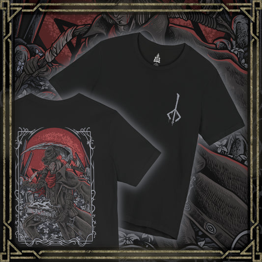 Thumbnail of a T-shirt artwork depicting Gehrman rising from his wheelchair in the Hunter’s Dream, revealing his deadly speed and hidden strength as the Burial Blade unfolds. White blossoms scatter across the garden while the moon glows ominously overhead. This design reflects the sorrow of a man trapped between mercy and duty, forced to end hunts while longing for release from an unending cycle.