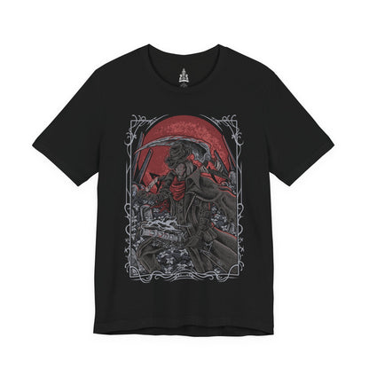 Image 4 of a T-shirt design of Gehrman, the First Hunter from Bloodborne, standing within the Hunter’s Dream as pale flowers sway beneath a moonlit sky. His scythe-like Burial Blade gleams with old blood, while the Great Tree and workshop loom behind him. The design captures his tragic role as mentor and prisoner of the Moon Presence, bound eternally to guide hunters through endless nights of slaughter.