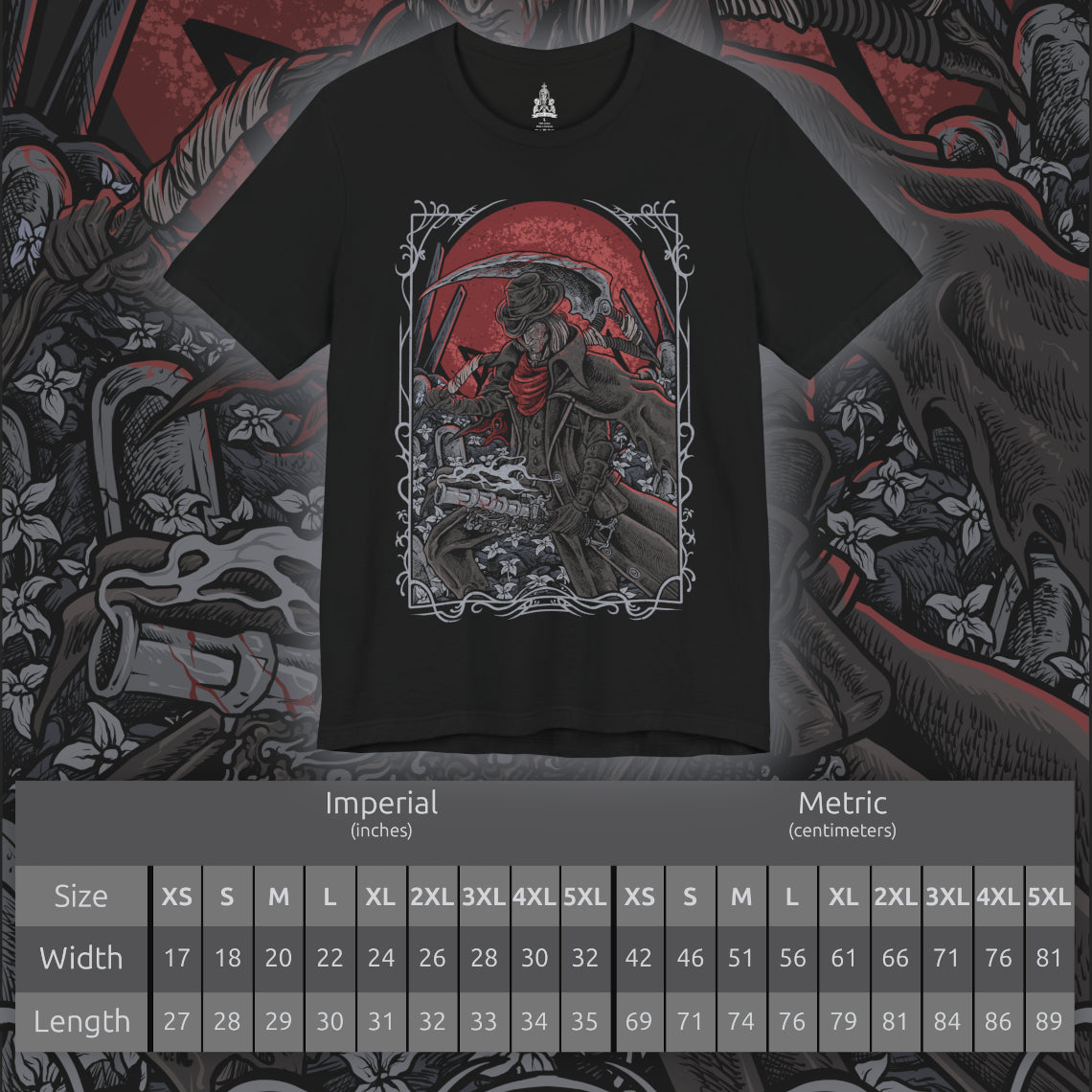 Size chart of a T-shirt design of Gehrman, the First Hunter from Bloodborne, standing within the Hunter’s Dream as pale flowers sway beneath a moonlit sky. His scythe-like Burial Blade gleams with old blood, while the Great Tree and workshop loom behind him. The design captures his tragic role as mentor and prisoner of the Moon Presence, bound eternally to guide hunters through endless nights of slaughter.