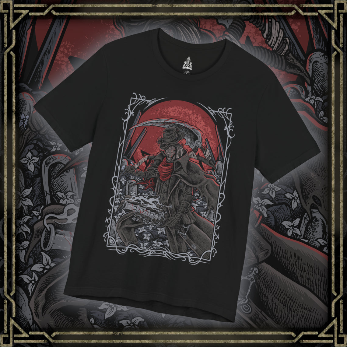 Thumbnail of a T-shirt design of Gehrman, the First Hunter from Bloodborne, standing within the Hunter’s Dream as pale flowers sway beneath a moonlit sky. His scythe-like Burial Blade gleams with old blood, while the Great Tree and workshop loom behind him. The design captures his tragic role as mentor and prisoner of the Moon Presence, bound eternally to guide hunters through endless nights of slaughter.