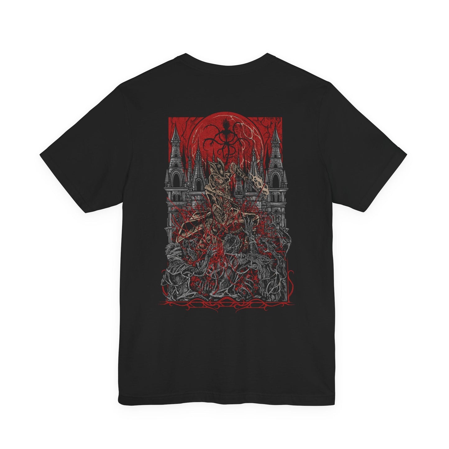 Image 4 of a T-shirt featuring the Hunter of Yharnam from Bloodborne, cloaked in worn leathers and wielding iconic trick weapons amid a city drenched in blood and madness. As a lone warrior facing beasts and cosmic horrors, the Hunter stands as a symbol of perseverance in a world ruled by eldritch decay. This design captures the gothic horror at the heart of the Hunt.
