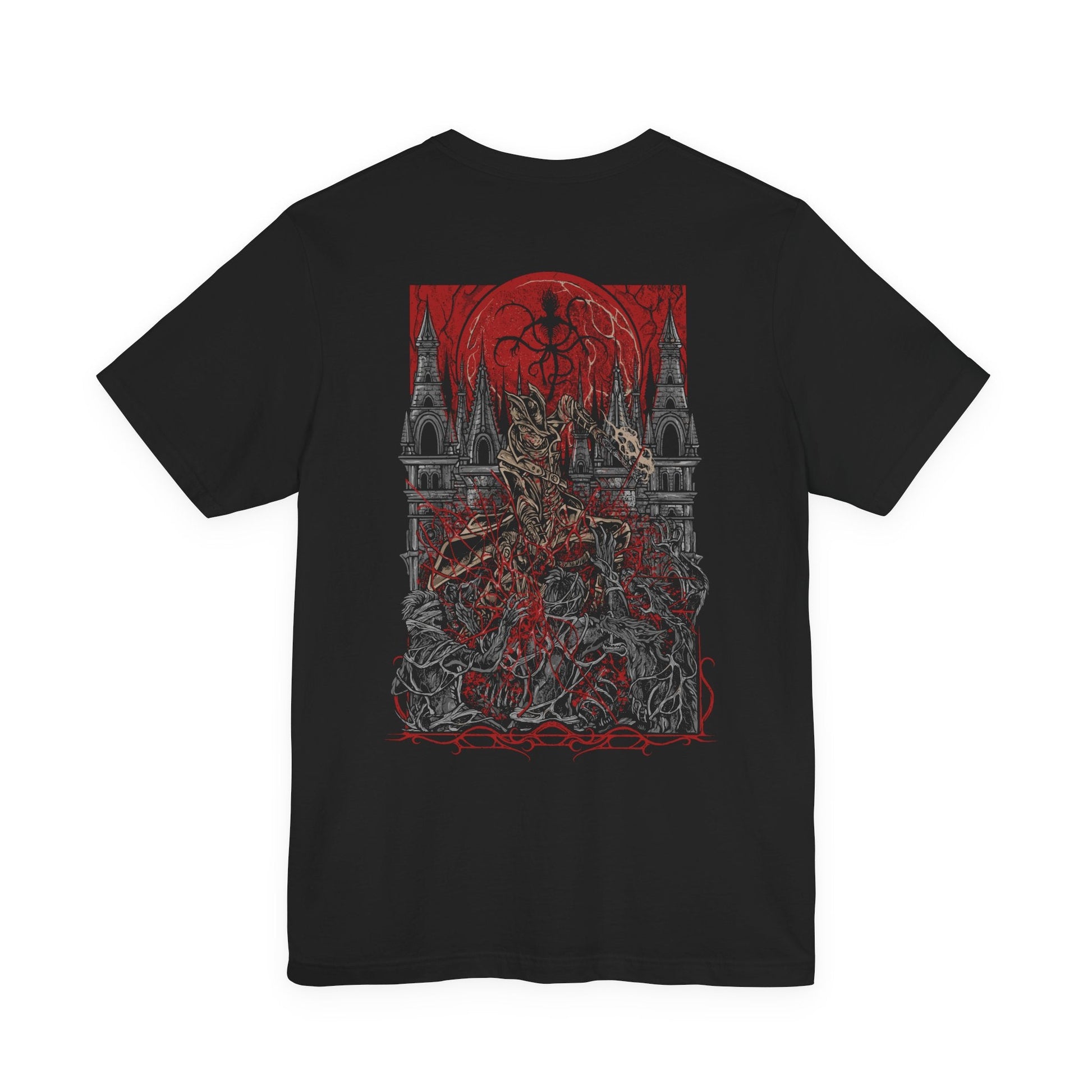Image 4 of a T-shirt featuring the Hunter of Yharnam from Bloodborne, cloaked in worn leathers and wielding iconic trick weapons amid a city drenched in blood and madness. As a lone warrior facing beasts and cosmic horrors, the Hunter stands as a symbol of perseverance in a world ruled by eldritch decay. This design captures the gothic horror at the heart of the Hunt.