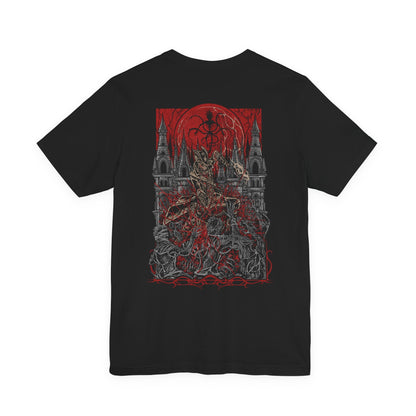 Image 4 of a T-shirt featuring the Hunter of Yharnam from Bloodborne, cloaked in worn leathers and wielding iconic trick weapons amid a city drenched in blood and madness. As a lone warrior facing beasts and cosmic horrors, the Hunter stands as a symbol of perseverance in a world ruled by eldritch decay. This design captures the gothic horror at the heart of the Hunt.