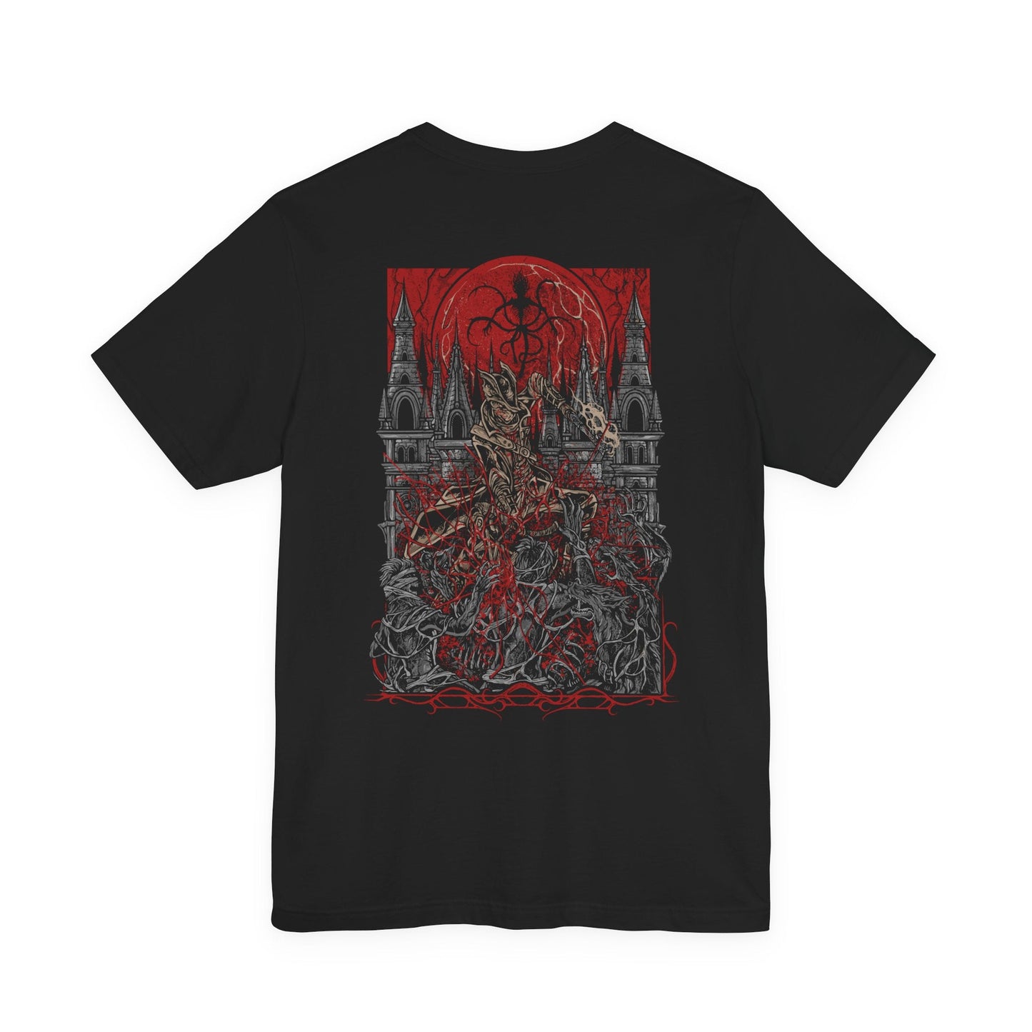 Image 5 of a T-shirt featuring the Hunter of Yharnam from Bloodborne, cloaked in worn leathers and wielding iconic trick weapons amid a city drenched in blood and madness. As a lone warrior facing beasts and cosmic horrors, the Hunter stands as a symbol of perseverance in a world ruled by eldritch decay. This design captures the gothic horror at the heart of the Hunt.