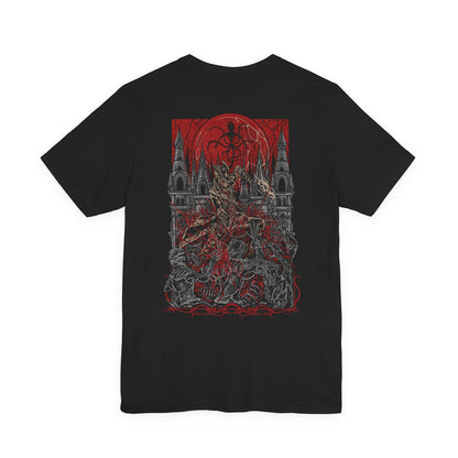 Image 5 of a T-shirt featuring the Hunter of Yharnam from Bloodborne, cloaked in worn leathers and wielding iconic trick weapons amid a city drenched in blood and madness. As a lone warrior facing beasts and cosmic horrors, the Hunter stands as a symbol of perseverance in a world ruled by eldritch decay. This design captures the gothic horror at the heart of the Hunt.