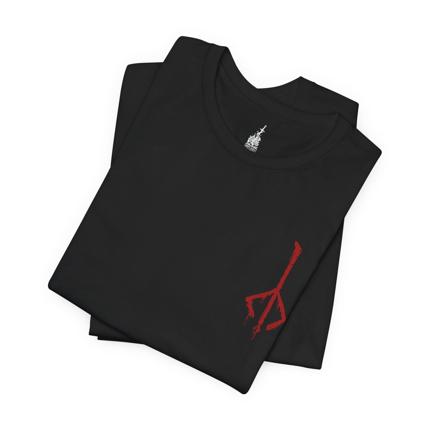 Folded T-shirt featuring the Hunter of Yharnam from Bloodborne, cloaked in worn leathers and wielding iconic trick weapons amid a city drenched in blood and madness. As a lone warrior facing beasts and cosmic horrors, the Hunter stands as a symbol of perseverance in a world ruled by eldritch decay. This design captures the gothic horror at the heart of the Hunt.