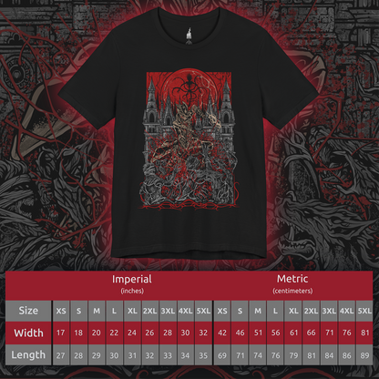 Size chart of a T-shirt featuring the Hunter of Yharnam from Bloodborne, cloaked in worn leathers and wielding iconic trick weapons amid a city drenched in blood and madness. As a lone warrior facing beasts and cosmic horrors, the Hunter stands as a symbol of perseverance in a world ruled by eldritch decay. This design captures the gothic horror at the heart of the Hunt.