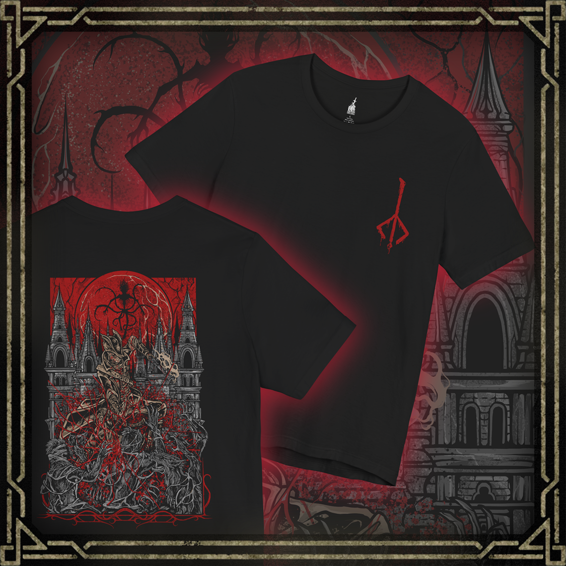 Thumbnail of a T-shirt featuring the Hunter of Yharnam from Bloodborne, cloaked in worn leathers and wielding iconic trick weapons amid a city drenched in blood and madness. As a lone warrior facing beasts and cosmic horrors, the Hunter stands as a symbol of perseverance in a world ruled by eldritch decay. This design captures the gothic horror at the heart of the Hunt.