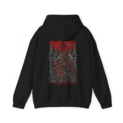 Image 4 of a T-shirt showcasing the iconic Hunter of Yharnam from Bloodborne, set against a haunting moonlit backdrop. The Night of the Hunt is in full swing, with the Hunter venturing into cursed alleys and blood-drenched chapels. This artwork evokes the dread and resolve at the heart of the game’s relentless cycle of blood, beasts, and rebirth.