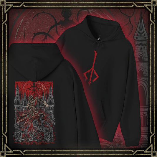 Thumbnail of a T-shirt showcasing the iconic Hunter of Yharnam from Bloodborne, set against a haunting moonlit backdrop. The Night of the Hunt is in full swing, with the Hunter venturing into cursed alleys and blood-drenched chapels. This artwork evokes the dread and resolve at the heart of the game’s relentless cycle of blood, beasts, and rebirth.