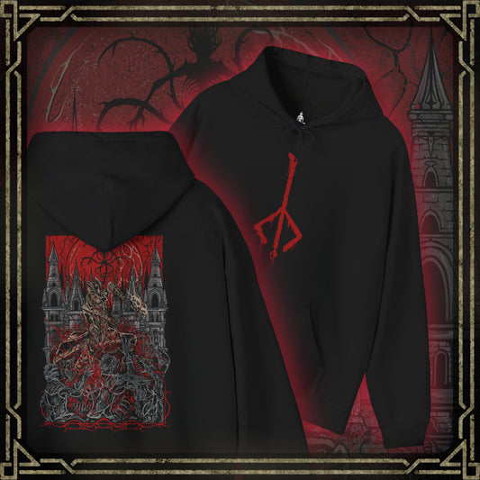 Thumbnail of a Hooded Sweatshirt showcasing the iconic Hunter of Yharnam from Bloodborne, set against a haunting moonlit backdrop. The Night of the Hunt is in full swing, with the Hunter venturing into cursed alleys and blood-drenched chapels. This artwork evokes the dread and resolve at the heart of the game’s relentless cycle of blood, beasts, and rebirth.