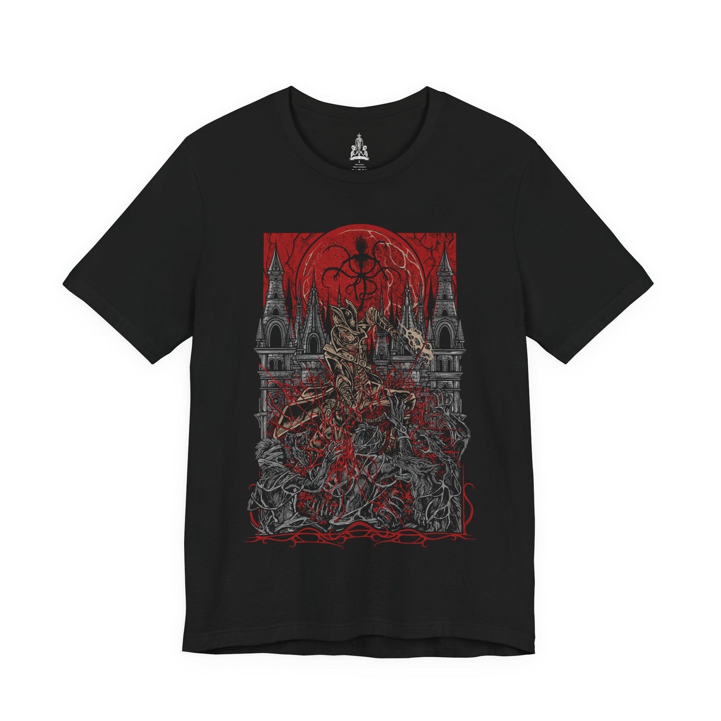 Image 4 of a T-shirt featuring a Hunter of Yharnam from Bloodborne, poised beneath a blood moon on the Night of the Hunt. Cloaked in gothic attire and armed with a trick weapon, the Hunter stalks the streets of Yharnam, battling beasts and madness alike. This design captures the eerie, violent elegance of the hunt’s grim ritual.