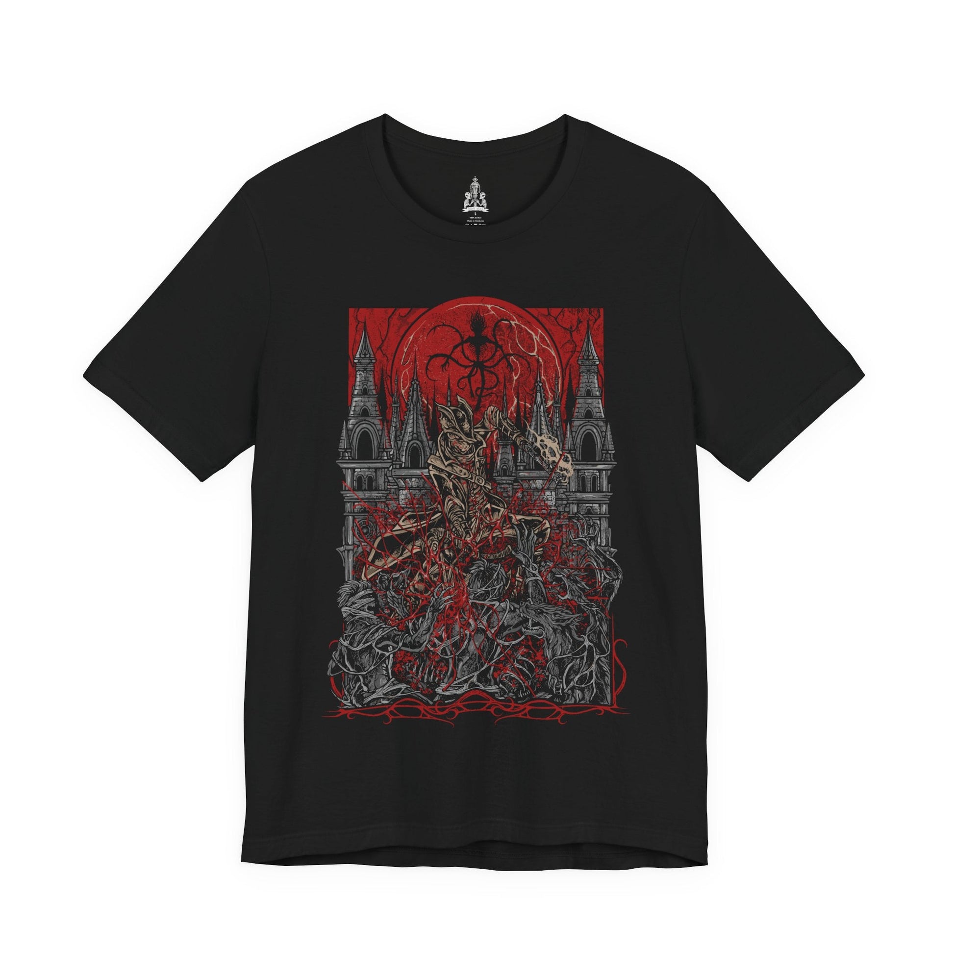 Image 4 of a T-shirt featuring a Hunter of Yharnam from Bloodborne, poised beneath a blood moon on the Night of the Hunt. Cloaked in gothic attire and armed with a trick weapon, the Hunter stalks the streets of Yharnam, battling beasts and madness alike. This design captures the eerie, violent elegance of the hunt’s grim ritual.