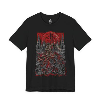 Image 4 of a T-shirt featuring a Hunter of Yharnam from Bloodborne, poised beneath a blood moon on the Night of the Hunt. Cloaked in gothic attire and armed with a trick weapon, the Hunter stalks the streets of Yharnam, battling beasts and madness alike. This design captures the eerie, violent elegance of the hunt’s grim ritual.