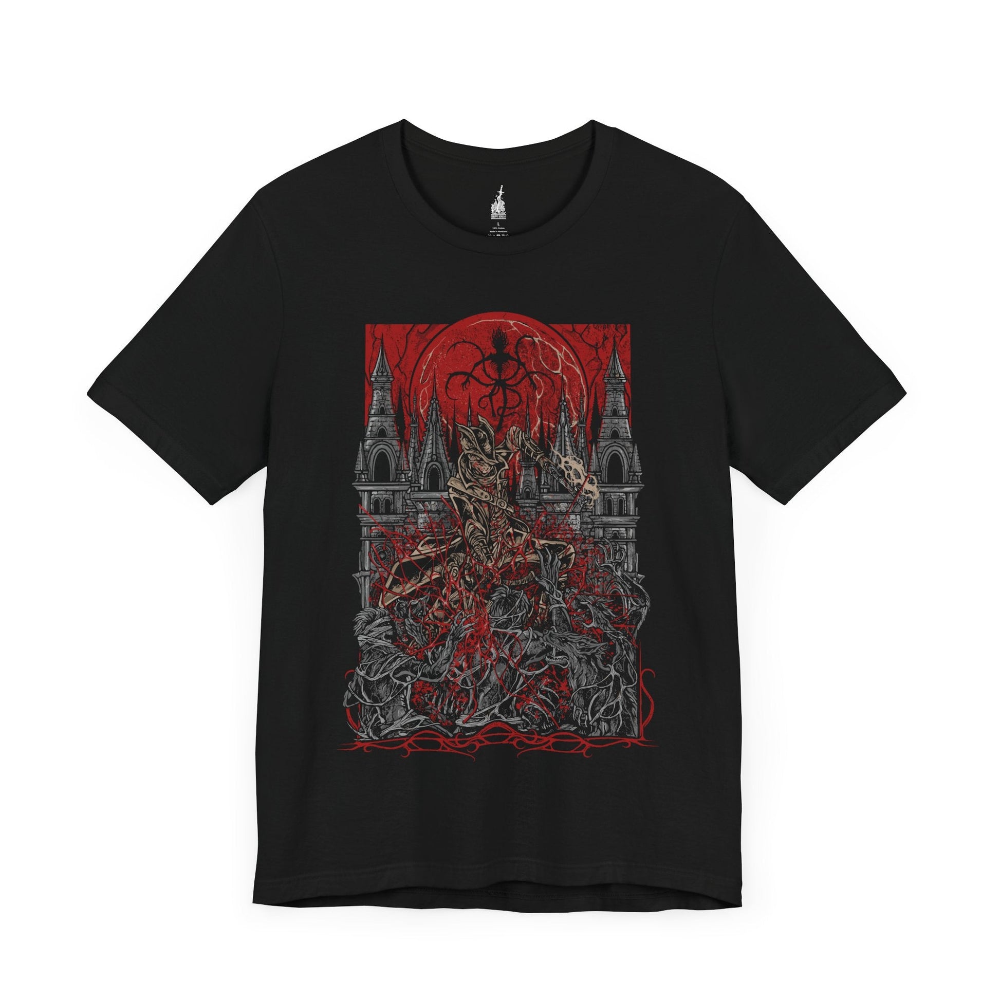Image 3 of a Black T-shirt featuring a Hunter of Yharnam from Bloodborne, poised beneath a blood moon on the Night of the Hunt. Cloaked in gothic attire and armed with a trick weapon, the Hunter stalks the streets of Yharnam, battling beasts and madness alike. This design captures the eerie, violent elegance of the hunt’s grim ritual.