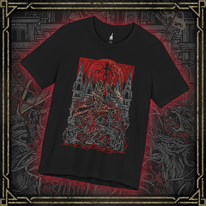 Thumbnail of a T-shirt featuring a Hunter of Yharnam from Bloodborne, poised beneath a blood moon on the Night of the Hunt. Cloaked in gothic attire and armed with a trick weapon, the Hunter stalks the streets of Yharnam, battling beasts and madness alike. This design captures the eerie, violent elegance of the hunt’s grim ritual.