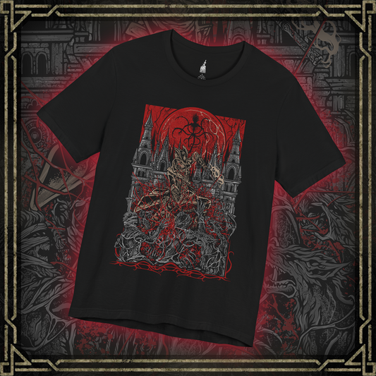 Thumbnail of a T-shirt featuring a Hunter of Yharnam from Bloodborne, poised beneath a blood moon on the Night of the Hunt. Cloaked in gothic attire and armed with a trick weapon, the Hunter stalks the streets of Yharnam, battling beasts and madness alike. This design captures the eerie, violent elegance of the hunt’s grim ritual.