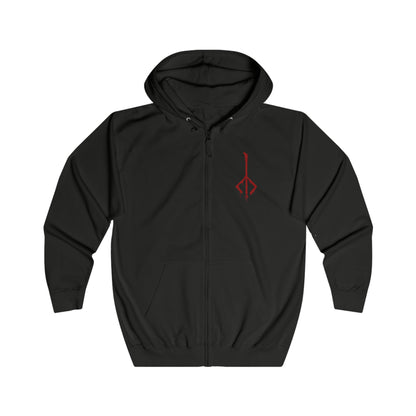 Image 4 of a Zip-up Hooded Sweatshirt featuring the Hunter of Yharnam from Bloodborne, the fearless warrior who braves the night of the Hunt. Armed with trick weapons and driven by the pursuit of insight, the Hunter battles beasts, nightmares, and gods beneath a blood-red moon. This design captures the grim resolve and haunting beauty of Yharnam’s cursed savior.