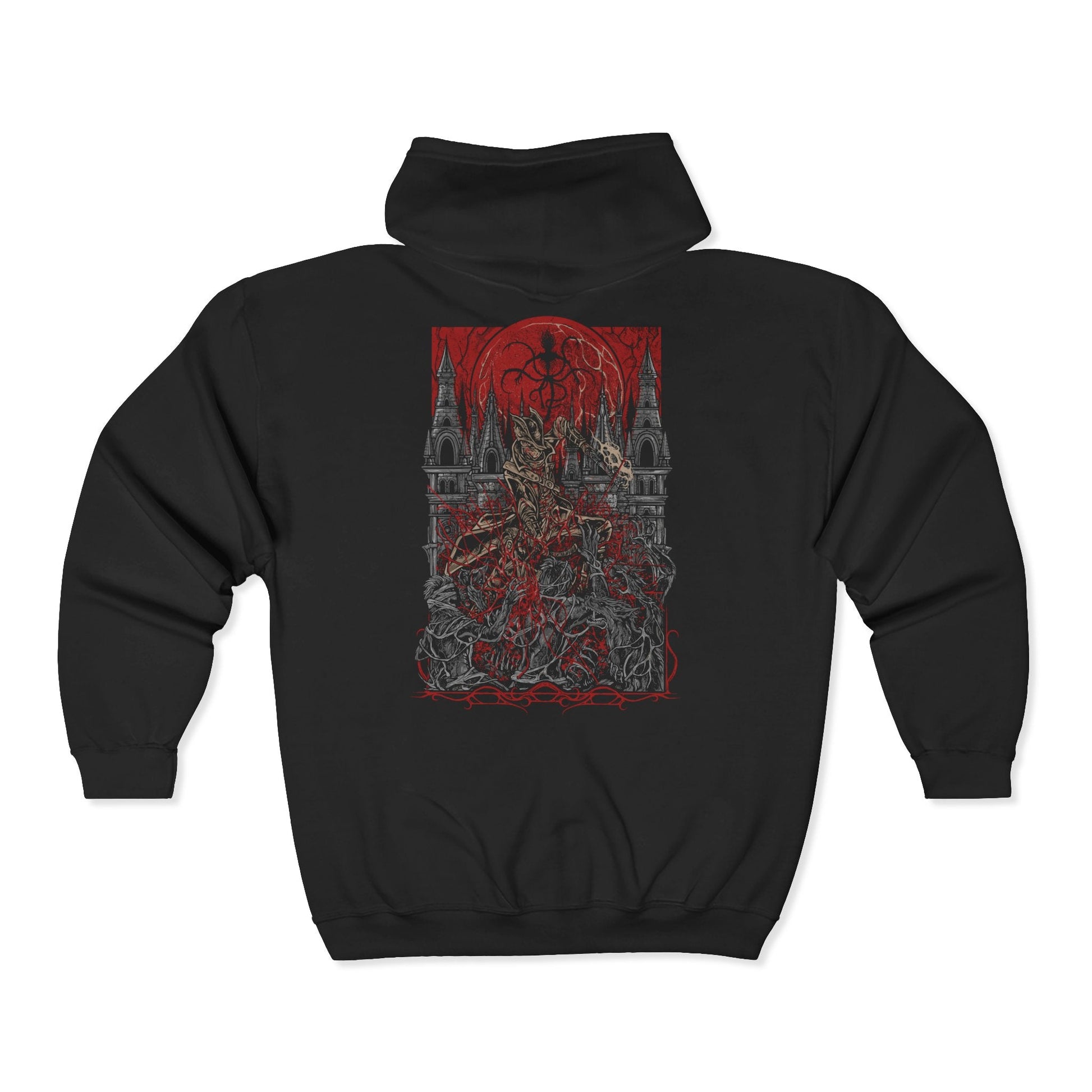 Folded Zip-up Hooded Sweatshirt featuring the Hunter of Yharnam from Bloodborne, the fearless warrior who braves the night of the Hunt. Armed with trick weapons and driven by the pursuit of insight, the Hunter battles beasts, nightmares, and gods beneath a blood-red moon. This design captures the grim resolve and haunting beauty of Yharnam’s cursed savior.