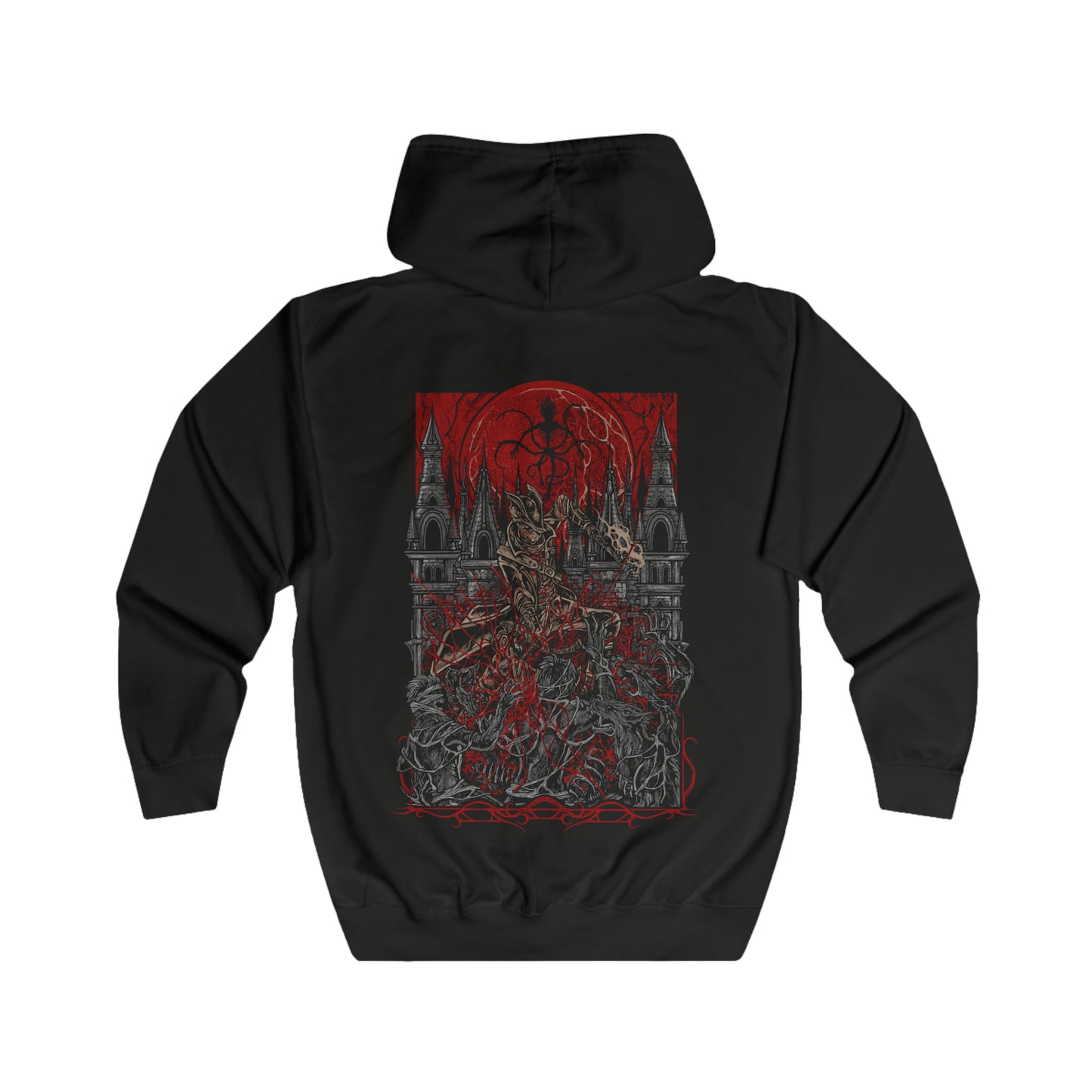 Folded Zip-up Hooded Sweatshirt featuring the Hunter of Yharnam from Bloodborne, the fearless warrior who braves the night of the Hunt. Armed with trick weapons and driven by the pursuit of insight, the Hunter battles beasts, nightmares, and gods beneath a blood-red moon. This design captures the grim resolve and haunting beauty of Yharnam’s cursed savior.