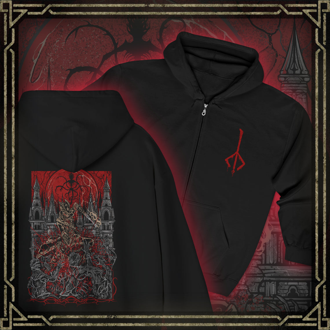 Thumbnail of a Zip-up Hooded Sweatshirt featuring the Hunter of Yharnam from Bloodborne, the fearless warrior who braves the night of the Hunt. Armed with trick weapons and driven by the pursuit of insight, the Hunter battles beasts, nightmares, and gods beneath a blood-red moon. This design captures the grim resolve and haunting beauty of Yharnam’s cursed savior.