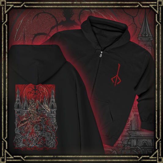 Thumbnail of a Zip-up Hooded Sweatshirt featuring the Hunter of Yharnam from Bloodborne, the fearless warrior who braves the night of the Hunt. Armed with trick weapons and driven by the pursuit of insight, the Hunter battles beasts, nightmares, and gods beneath a blood-red moon. This design captures the grim resolve and haunting beauty of Yharnam’s cursed savior.
