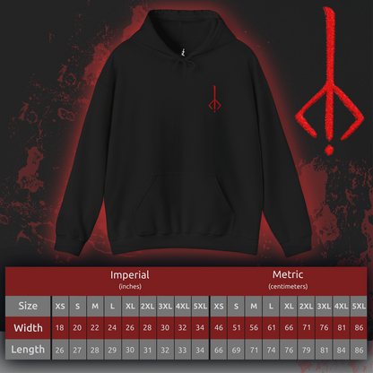 Size chart of a Embroidered hooded sweatshirt featuring the Hunter’s Mark from Bloodborne, the arcane sigil carved into the mind of every hunter. Resembling a twisted rune of an upside-down brand, it symbolizes the hunter’s return to the dream upon death. This design captures the eerie beauty of the mark—evoking the endless cycle of life, death, and rebirth that defines the Hunt.