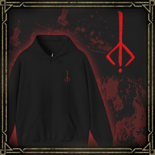 Thumbnail of a Embroidered hooded sweatshirt featuring the Hunter’s Mark from Bloodborne, the arcane sigil carved into the mind of every hunter. Resembling a twisted rune of an upside-down brand, it symbolizes the hunter’s return to the dream upon death. This design captures the eerie beauty of the mark—evoking the endless cycle of life, death, and rebirth that defines the Hunt.