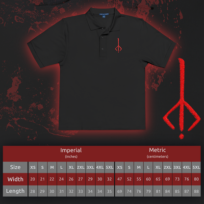 Size chart of a Embroidered T-shirt showcasing the iconic Hunter’s Mark from Bloodborne, a mysterious emblem that allows hunters to resurrect without losing their insight. Representing sacrifice and the inescapable loop of the Dream, the mark serves as a haunting reminder of the curse upon Yharnam. This design radiates dark elegance and eldritch symbolism for devoted fans of the Hunt.