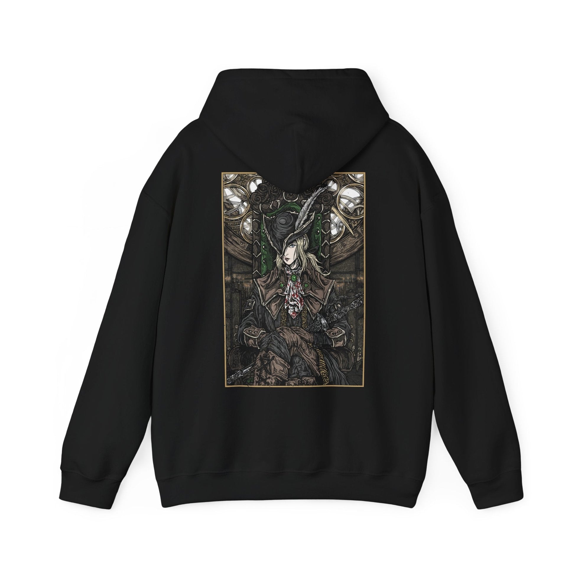 Image 5 of a Hooded Sweatshirt showcasing Lady Maria from Bloodborne, protector of the Astral Clocktower and one of the most revered figures in the Healing Church’s dark history. A master of the Rakuyo and descendant of Cainhurst blood, Maria is both graceful and brutal in combat. This design honors her melancholic story—torn between past sins and her vow to shield the secrets of the nightmare—making it a must-have for fans of Bloodborne’s gothic lore.