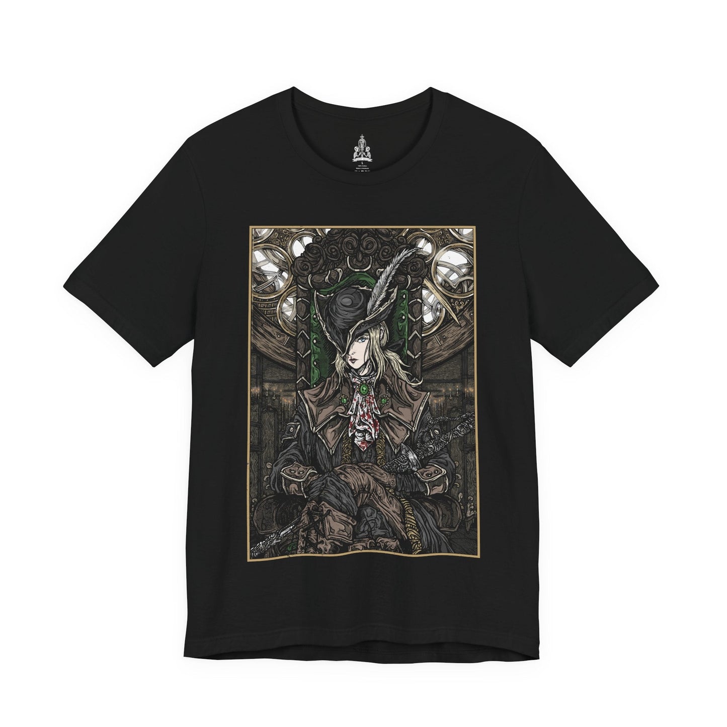 Image 4 of a T-shirt featuring Lady Maria of the Astral Clocktower from Bloodborne, the elegant yet deadly guardian of the secretive Research Hall. Once a student of Gehrman and a noble of Cainhurst, Maria abandoned blood arts in shame, only to be bound by duty in the Clocktower. With her Rakuyo blades and flowing black coat, this design captures her grace and sorrow, reflecting the haunting beauty and tragedy of her role in the Old Hunters DLC.