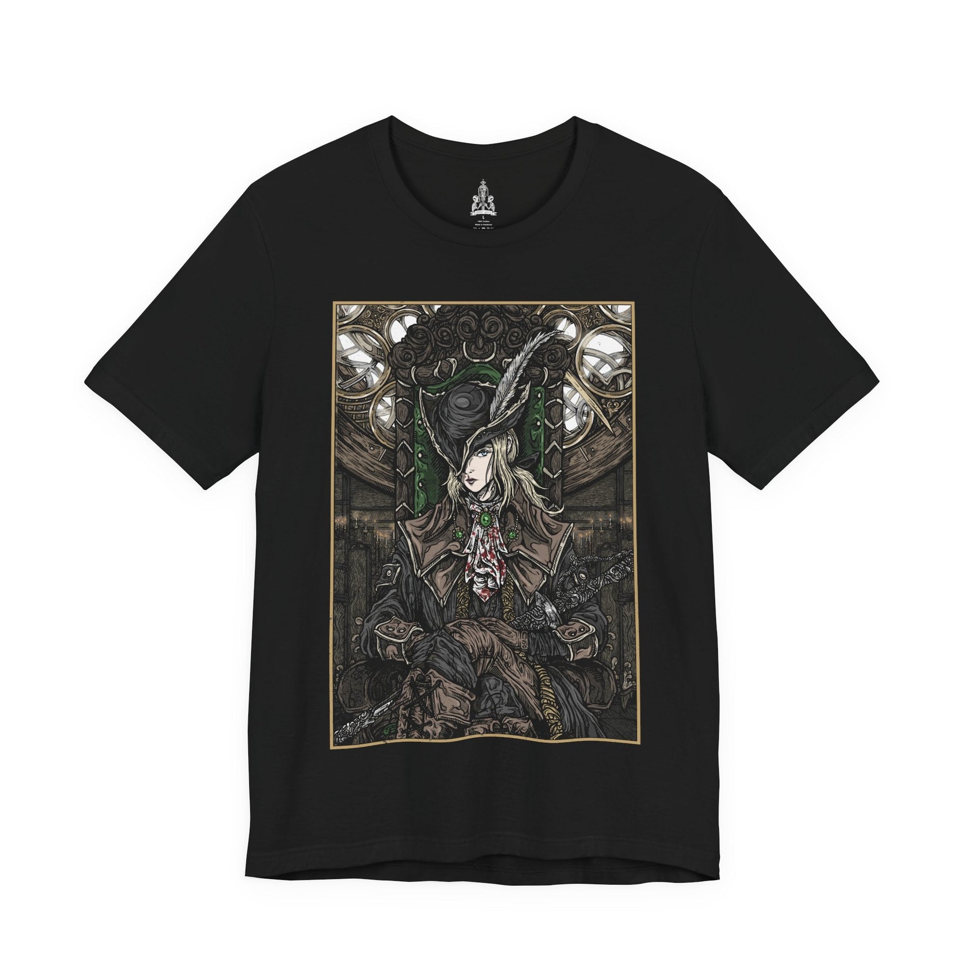Image 4 of a T-shirt featuring Lady Maria of the Astral Clocktower from Bloodborne, the elegant yet deadly guardian of the secretive Research Hall. Once a student of Gehrman and a noble of Cainhurst, Maria abandoned blood arts in shame, only to be bound by duty in the Clocktower. With her Rakuyo blades and flowing black coat, this design captures her grace and sorrow, reflecting the haunting beauty and tragedy of her role in the Old Hunters DLC.