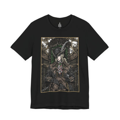 Image 4 of a T-shirt featuring Lady Maria of the Astral Clocktower from Bloodborne, the elegant yet deadly guardian of the secretive Research Hall. Once a student of Gehrman and a noble of Cainhurst, Maria abandoned blood arts in shame, only to be bound by duty in the Clocktower. With her Rakuyo blades and flowing black coat, this design captures her grace and sorrow, reflecting the haunting beauty and tragedy of her role in the Old Hunters DLC.