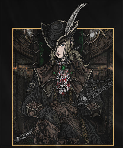 Design used for a T-shirt featuring Lady Maria of the Astral Clocktower from Bloodborne in a dark, grim design, capturing her stoic and haunting presence, perfect for fans drawn to her mysterious and tragic story within Yharnam's nightmarish world.