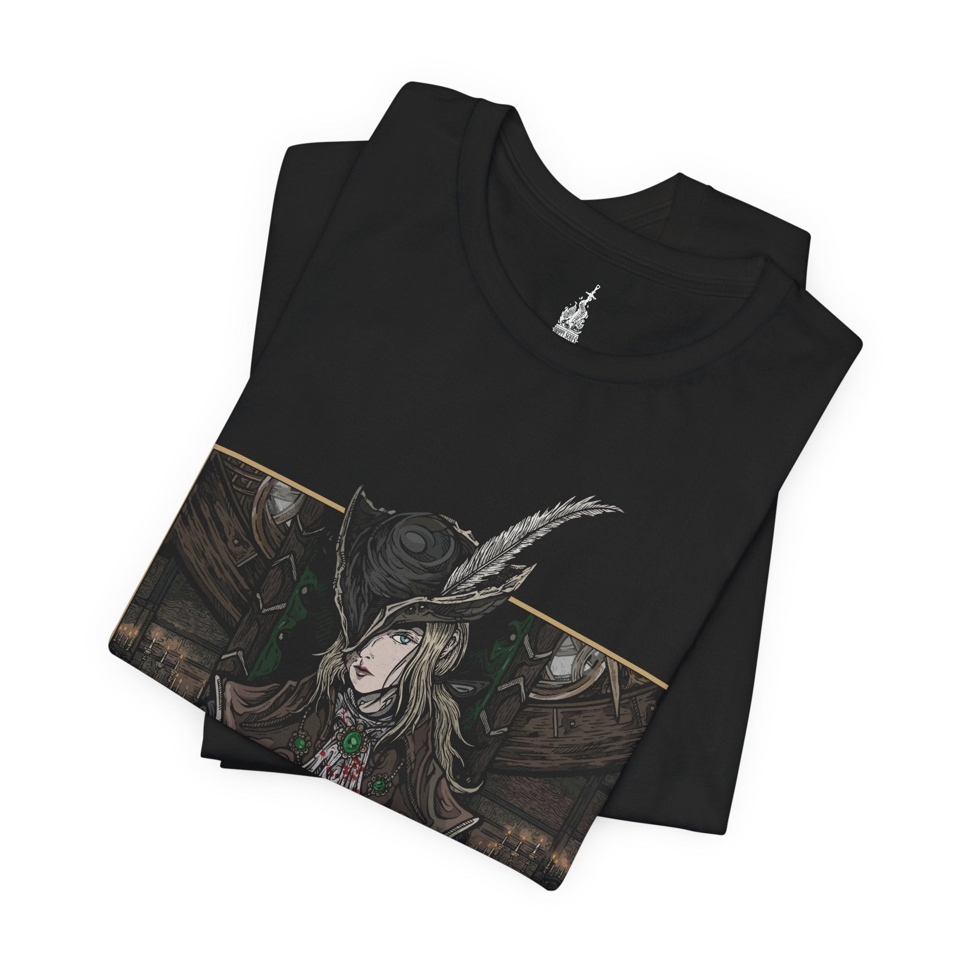 Folded T-shirt featuring Lady Maria of the Astral Clocktower from Bloodborne in a dark, grim design, capturing her stoic and haunting presence, perfect for fans drawn to her mysterious and tragic story within Yharnam's nightmarish world.