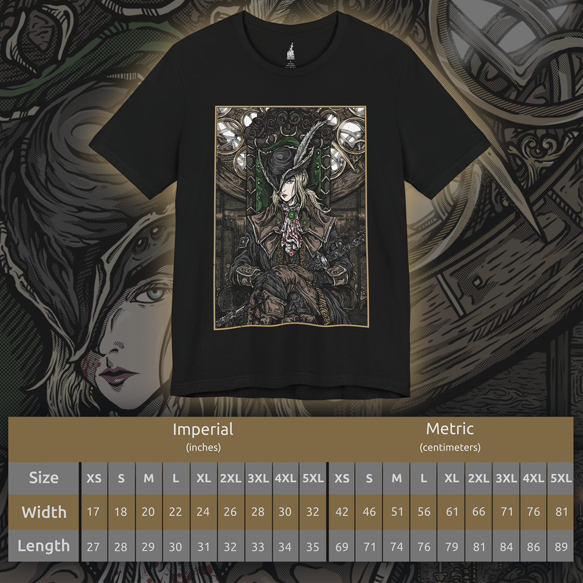 Size chart of a T-shirt featuring Lady Maria of the Astral Clocktower from Bloodborne, the elegant yet deadly guardian of the secretive Research Hall. Once a student of Gehrman and a noble of Cainhurst, Maria abandoned blood arts in shame, only to be bound by duty in the Clocktower. With her Rakuyo blades and flowing black coat, this design captures her grace and sorrow, reflecting the haunting beauty and tragedy of her role in the Old Hunters DLC.