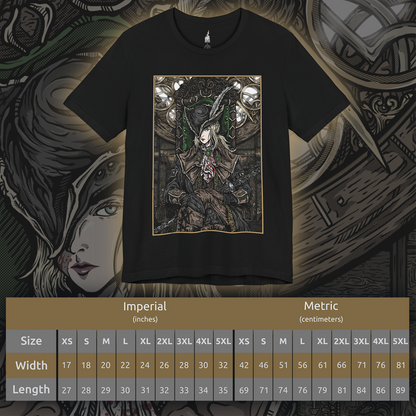 Size chart of a T-shirt featuring Lady Maria of the Astral Clocktower from Bloodborne, the elegant yet deadly guardian of the secretive Research Hall. Once a student of Gehrman and a noble of Cainhurst, Maria abandoned blood arts in shame, only to be bound by duty in the Clocktower. With her Rakuyo blades and flowing black coat, this design captures her grace and sorrow, reflecting the haunting beauty and tragedy of her role in the Old Hunters DLC.
