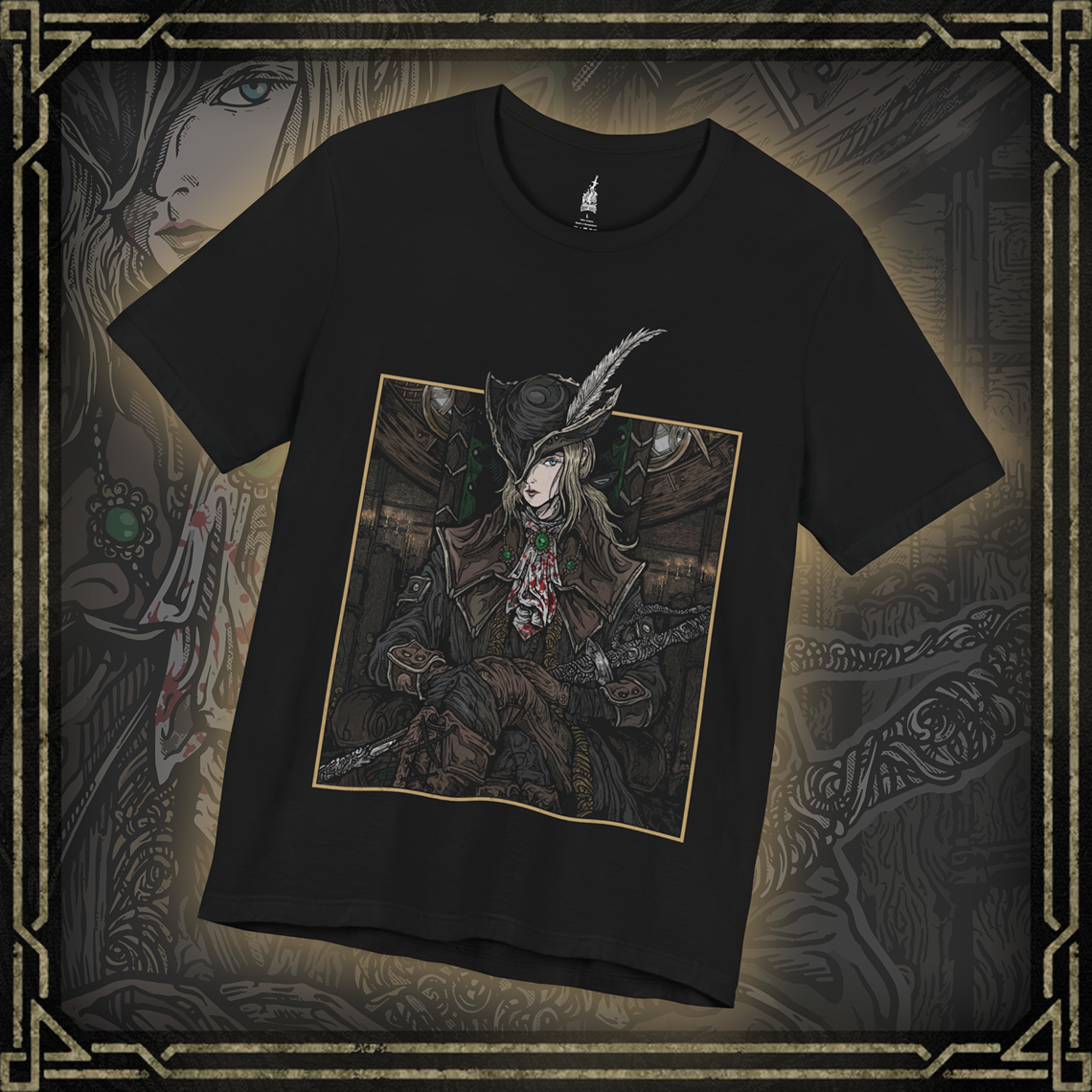 Thumbnail of a T-shirt featuring Lady Maria of the Astral Clocktower from Bloodborne in a dark, grim design, capturing her stoic and haunting presence, perfect for fans drawn to her mysterious and tragic story within Yharnam's nightmarish world.