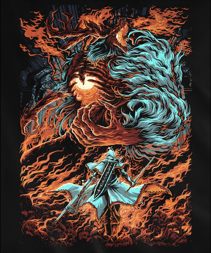 Design used for a Hooded Sweatshirt featuring Laurence, the First Vicar from Bloodborne, depicting his fiery, beastly form, ideal for fans captivated by the tragic tale of this revered yet cursed leader of the Healing Church.