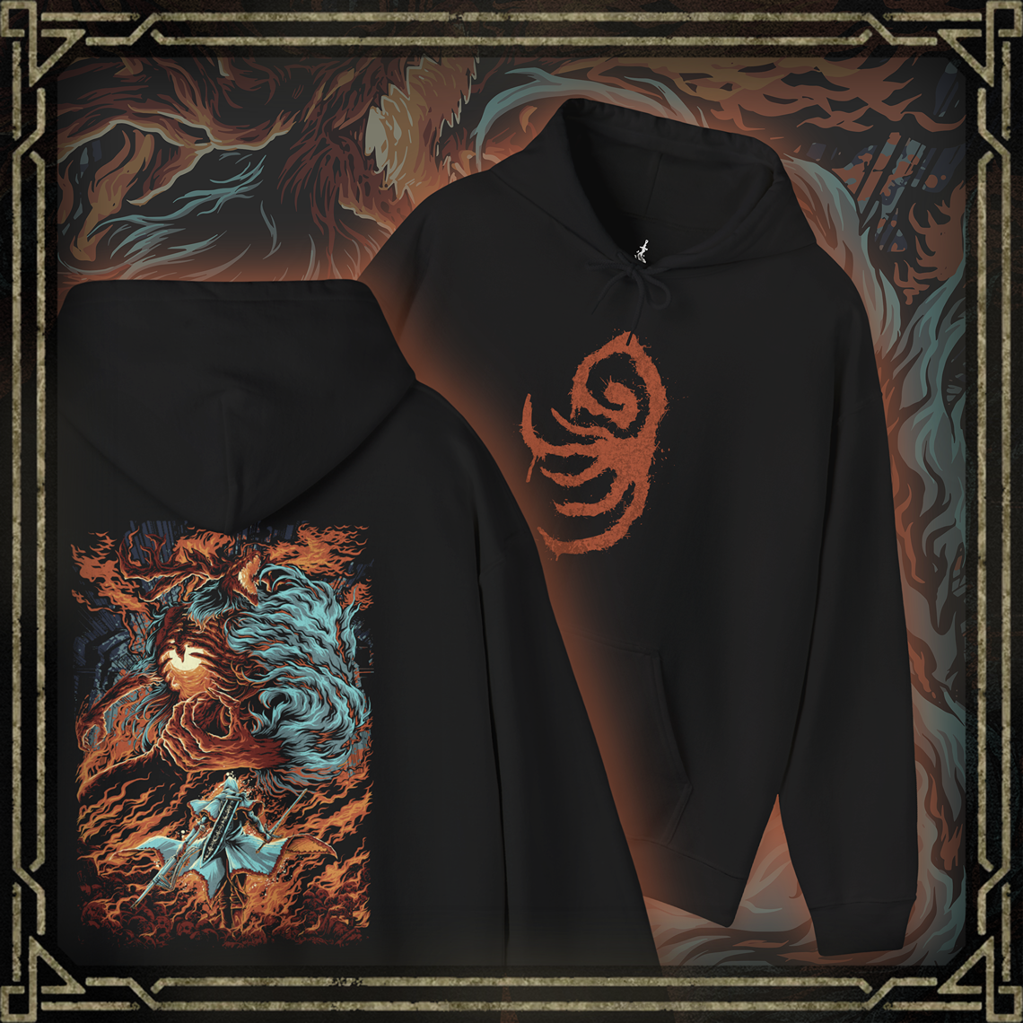 Thumbnail of a Hooded Sweatshirt featuring Laurence, the First Vicar from Bloodborne, depicting his fiery, beastly form, ideal for fans captivated by the tragic tale of this revered yet cursed leader of the Healing Church.