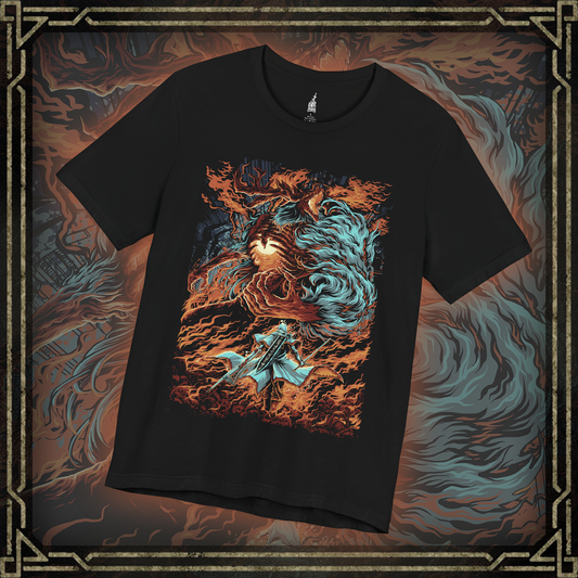 Thumbnail of a T-shirt featuring Laurence, the First Vicar from Bloodborne, depicting his fiery, beastly form, ideal for fans captivated by the tragic tale of this revered yet cursed leader of the Healing Church.