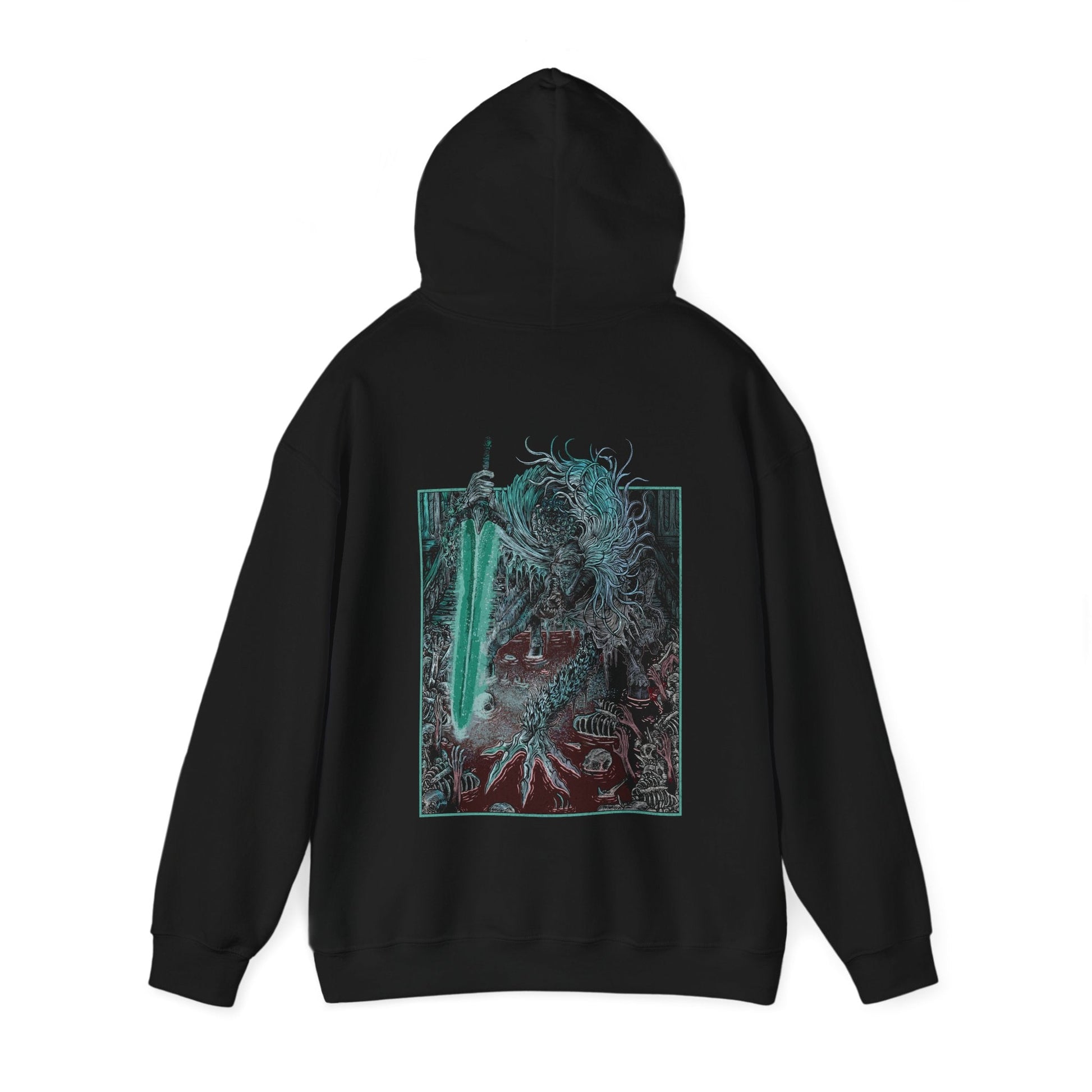 Image number 4 of a Hooded Sweatshirt featuring Ludwig the Accursed from Bloodborne in his monstrous form wielding the Holy Blade, captured in a dark, grim design, perfect for fans who honor the tragic transformation of this once-noble hunter.