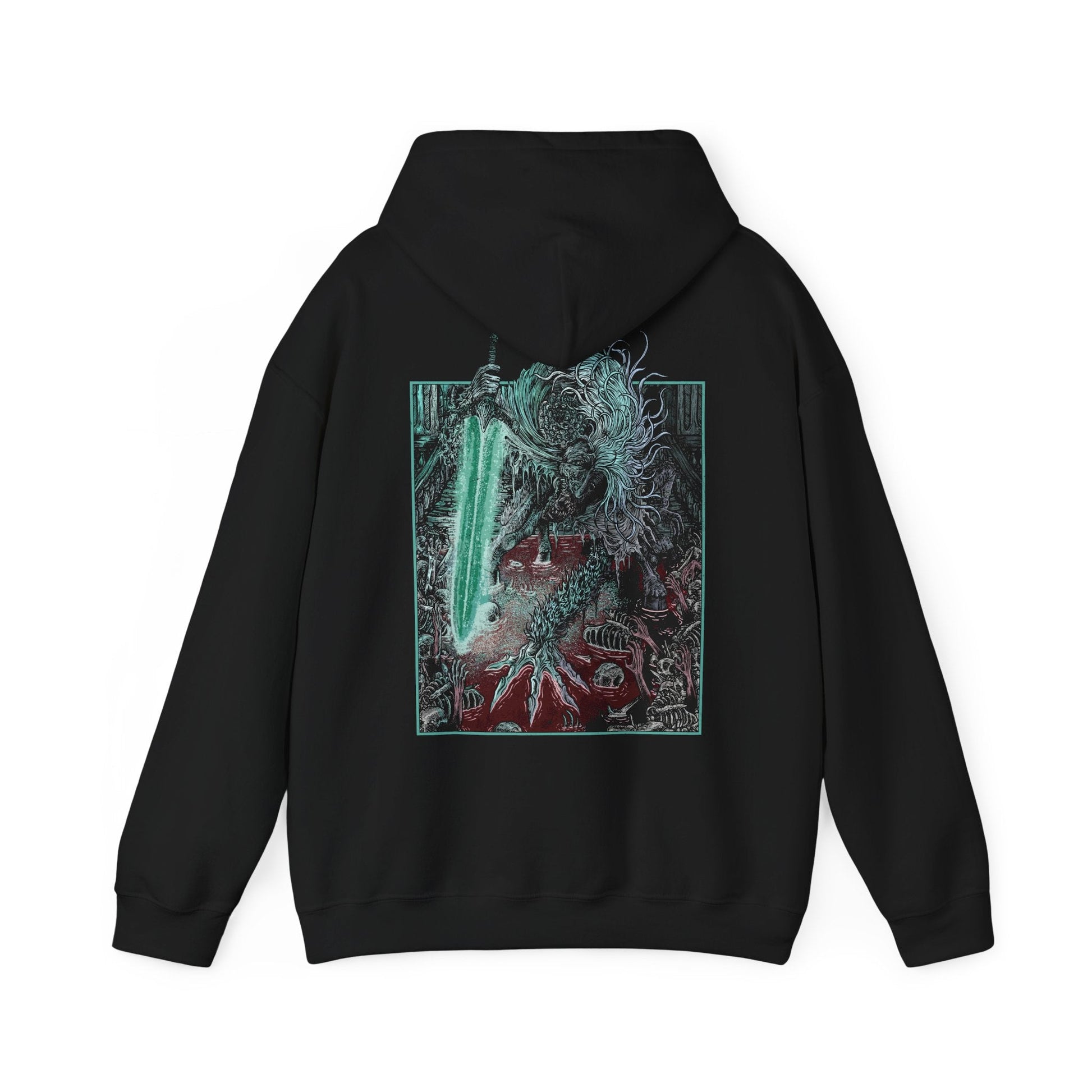 Image 5 of a Hooded Sweatshirt showcasing Ludwig the Holy Blade from Bloodborne, a tragic boss who shifts from a writhing beast to a noble warrior mid-battle. Once revered as the Church’s first hunter, Ludwig is now a deformed horror, consumed by bloodlust. Yet in a final moment of clarity, he reclaims his Holy Moonlight Sword, evoking the memory of his former glory and tragic fall from grace.