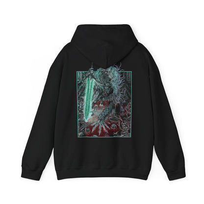 Image 5 of a Hooded Sweatshirt showcasing Ludwig the Holy Blade from Bloodborne, a tragic boss who shifts from a writhing beast to a noble warrior mid-battle. Once revered as the Church’s first hunter, Ludwig is now a deformed horror, consumed by bloodlust. Yet in a final moment of clarity, he reclaims his Holy Moonlight Sword, evoking the memory of his former glory and tragic fall from grace.
