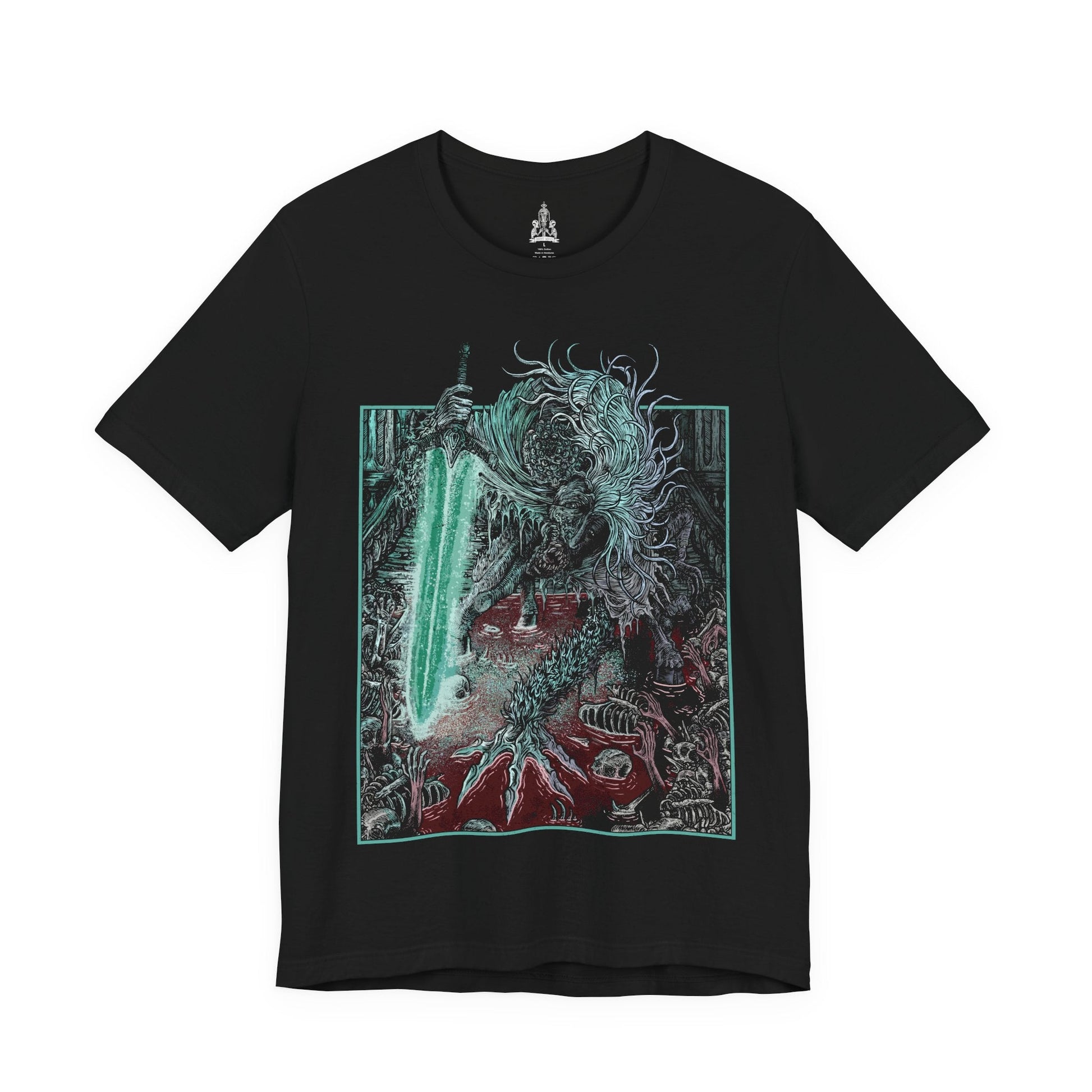 Image 4 of a T-shirt featuring Ludwig the Accursed from Bloodborne, the grotesque first hunter of the Healing Church turned monstrous abomination. Twisted and screaming in agony, Ludwig embodies the horrifying consequences of divine obsession. As the battle rages, he transforms into Ludwig the Holy Blade, regaining fleeting clarity and wielding his radiant Moonlight Greatsword.