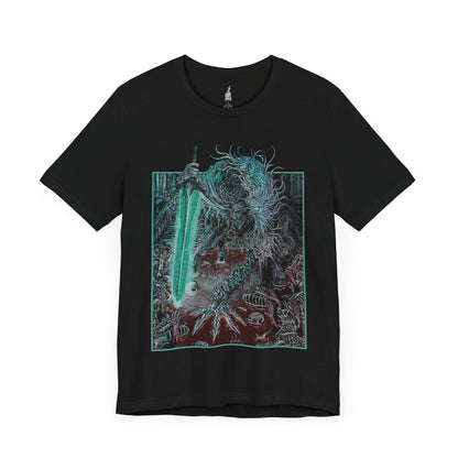 Image number 3 of a Black T-shirt featuring Ludwig the Accursed from Bloodborne in his monstrous form wielding the Holy Blade, captured in a dark, grim design, perfect for fans who honor the tragic transformation of this once-noble hunter.