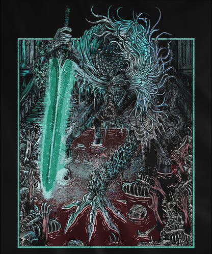 Design used for a T-shirt featuring Ludwig the Accursed from Bloodborne in his monstrous form wielding the Holy Blade, captured in a dark, grim design, perfect for fans who honor the tragic transformation of this once-noble hunter.