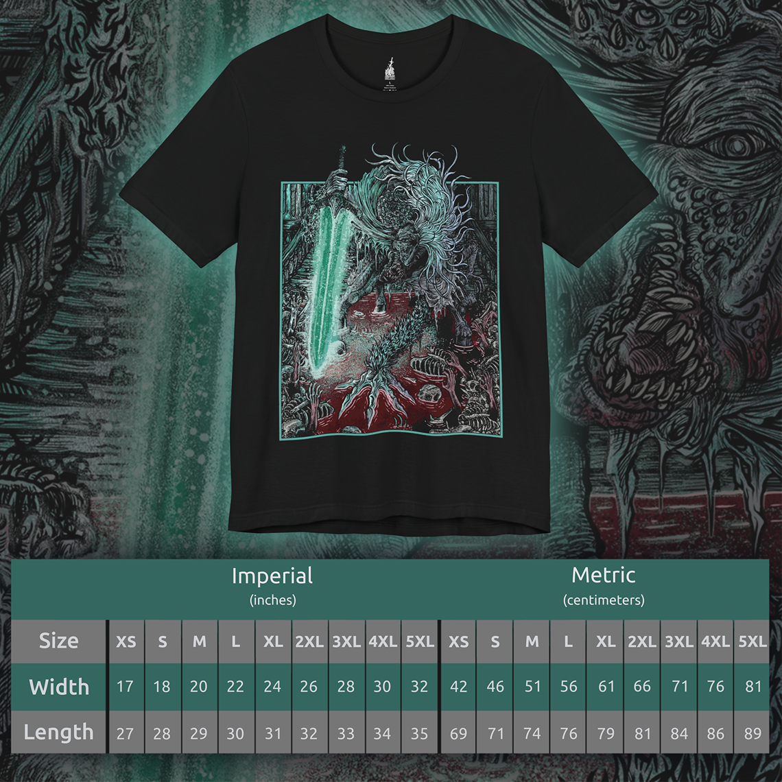 Size chart of a T-shirt featuring Ludwig the Accursed from Bloodborne, the grotesque first hunter of the Healing Church turned monstrous abomination. Twisted and screaming in agony, Ludwig embodies the horrifying consequences of divine obsession. As the battle rages, he transforms into Ludwig the Holy Blade, regaining fleeting clarity and wielding his radiant Moonlight Greatsword.