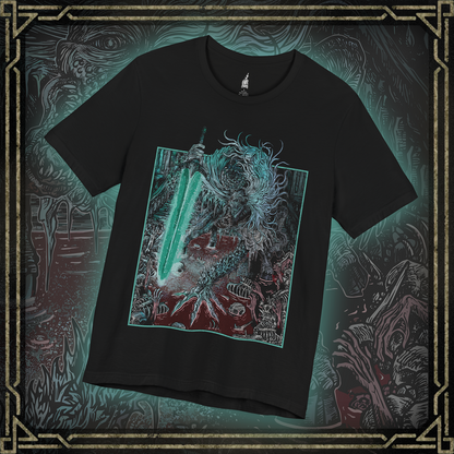 Thumbnail of a T-shirt featuring Ludwig the Accursed from Bloodborne in his monstrous form wielding the Holy Blade, captured in a dark, grim design, perfect for fans who honor the tragic transformation of this once-noble hunter.